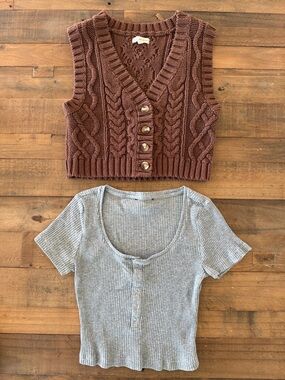 PacSun Brown Cable Knit Cropped Vest with Heather Grey crop top